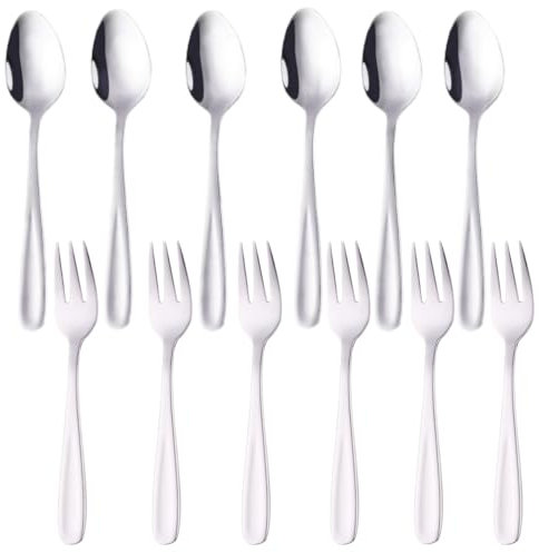 TEAHAHA 5.4 inch Stainless Steel Teaspoons Espresso Spoons and Dessert Forks Set, Set of 12，6 Forks and 6 Spoons, for Salad, Appetizer, Cake,Fruit (Silver)