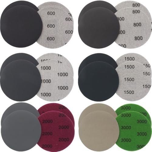 24 Pièces 75mm Papier de Verre Carrosserie Sec à l'eau, Disques Abrasifs Ronds, Tampons de Ponceuse Orbitale Feuilles de papier poncer phare voiture, Grain 600/800/1000/1500/2000/3000