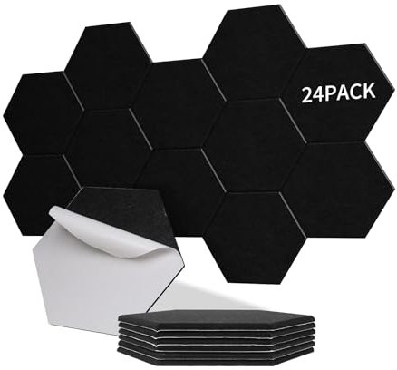 Sonuvia 24 pieza Paneles Acústicos Hexagonales Autoadhesivos | Aislamiento acústico eficaz alta densidad (230kg/m³) NRC 0.95 cubre 1,4m² Perfectos para paredes y puertas,sala de juegos,Negro