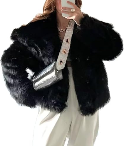 Veste courte pour femme en fausse fourrure à poils longs avec manches longues et boutons chaud d'hiver avec poches, Noir , M