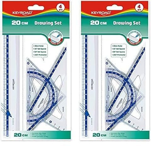 Juego de Reglas Escolares - Regla de 20 cm - Escuadra de 45° - Cartabón de 60° - Transportador de Ángulos 180° - Material de Plástico Resistente - Keyroad (Paquete de 2)