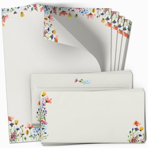 10 Briefpapier und Briefumschlag SET | Spring Flowers Bunte Blumen romantisch | Papier und Umschlag mit Design-Motiv bedruckt | 90 g/m²