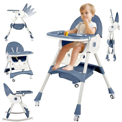 6 in 1 High Chairs for Babies and Toddlers，Portable Foldable High Chair with Wheels& Pu Cushion, Adjustable Height, Reclining Seat, 5-Point Safety Harness, Removable Tray