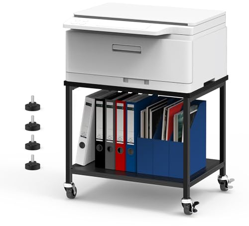 smusei Soporte para impresora negro, mesa de impresión de 2 niveles con ruedas, ahorra espacio, estante de escritorio de madera para oficina, hogar, oficina, escuela, 42 x 30 x 35 cm