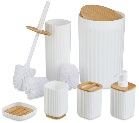 Relaxdays Set Bagno 6 Accessori, Cestino, Scopino WC, Portasapone, Saponetta, Portaspazzolino, Plastica e bambù, Bianco