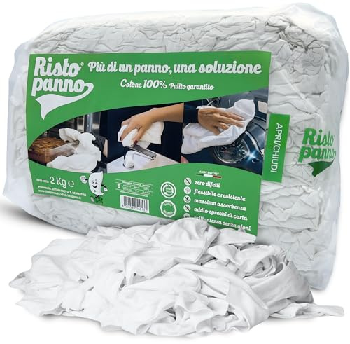 Ristopanno Home – Panni Multiuso - Stracci Bianchi Cotone 2 KG - Non Lascia Aloni - Uso Quotidiano per Casa, Auto, Moto e Garage - Lavabili Flessibili e Resistenti – Massima Assorbenza