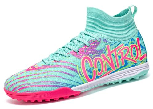 Purfitall Mens Astro Turf Football Boots Women Youth High Top Soccer Shoes Indoor Athletic Ankle Shoes Spikes Indoor Soccer Cleats