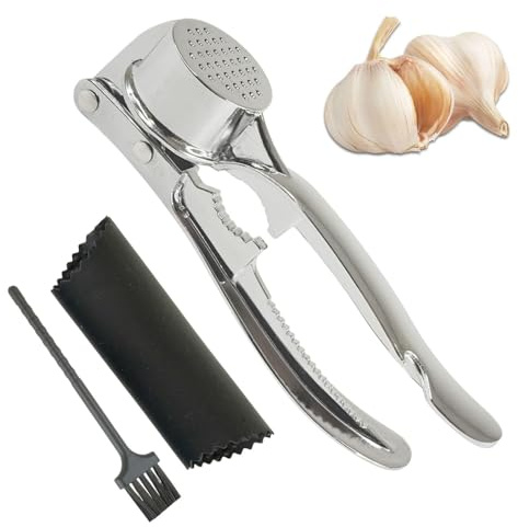 Prensa de Ajo Multifunción en Acero Inoxidable – Picadora Manual, Triturador y Pelador de Ajos con Cepillo de Limpieza y Cascanueces con Escamador y Abridor de Botellas (M)