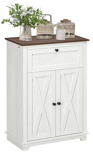 HOMCOM Credenza Cucina con Ante a Fienili, Cassetto e Ripiano Regolabile, Mobile Cucina Stile Rustico, Credenza Buffet per Sala da Pranzo, Soggiorno e Salotto, 60x30x87.4 cm, Bianco