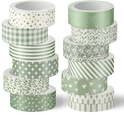 Whaline Lot de 12 rouleaux de ruban adhésif washi vert sauge à motif floral - Feuilles de fleurs - Rayures - Papier d'emballage décoratif - Pour mariage, scrapbooking, journal, loisirs créatifs