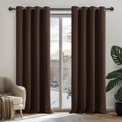 Deconovo Ogenomskinliga gardiner, ogenomskinlig öljettgardin, termogardin, 180 x 140 cm (längd x bredd), brun, set om 2