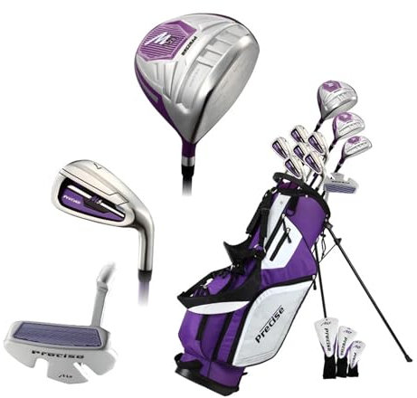 Precise M5 Womens Golf Clubs Full Set, Includes Titanium Driver, S.S. Fairway, S.S. Hybrid, S.S. 5-PW Irons, Putter, Stand Bag, 3 H/C's, Golf Clubs Women Left Handed, Purple