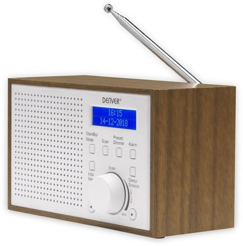 Denver DAB-46 DAB+ und UKW-Radio, Uhr und Wecker, 2 W Audio-Ausgang, Holz-Finish, Weiß, 1954043