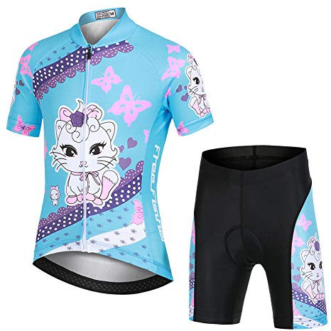LPATTERN Kinder Radsport Bekleidung- Jungen/Mädchen Fahrrad Trikot-Set(Trikot Kurzarm+Kurz Radhose)/Radtrikot Kurzarm/Kurz Fahrradhose mit Sitzpolster,Schmetterling & Fuchs(Anzug),110/116(Tag:S)