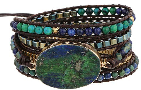 Plumiss Boho Leather 5 Wrap Natural Stone Chrysocolla Bracelet Handmade Gemstone Beaded Bracelet Jewelry Collection