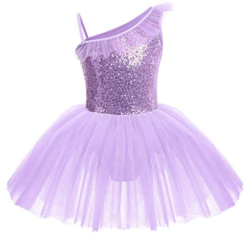 Odizli Vestido de ballet para niñas de un hombro con lentejuelas brillantes, tutú de tul, vestido de bailarina, morado, 3-4 años