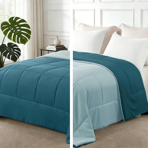 Exclusivo Mezcla Edredón para Cama 80, Edredón Nórdico Suave, Reversible y Transpirable, 220 gr/m² en Microfibra, Adecuado para Verano, Verde Azulado Polvoriento/Azul Balneario (135 x 200 cm)