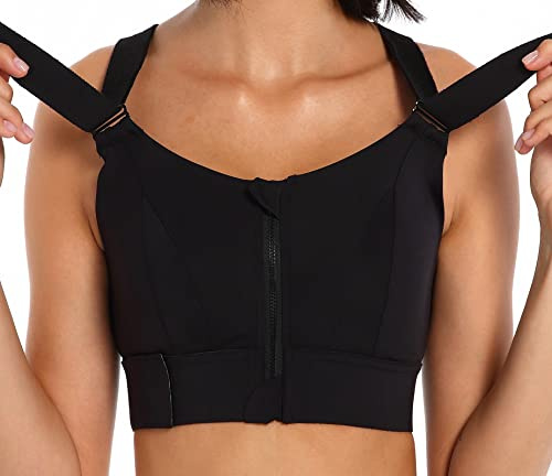 CLOUSPO Women Sports Bra Front Fastening High Impact Zip Front Post Surgery Running Yoga Zip Front Bras Crop Top with Adjustable Straps(XL, Black)