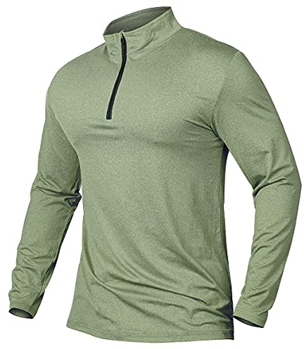 CARWORNIC Camisetas deportivas para hombre, con cremallera de 1/4, manga larga, para correr, secado rápido, camisetas polo para exteriores, Ejercito Verde, XL