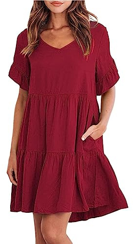 Cocila Vestito Casual da Donna Abito da Donna a Maniche Corte con Scollo a V Casual Estivo a Strati con Orlo Arricciato Maglione Vestito
