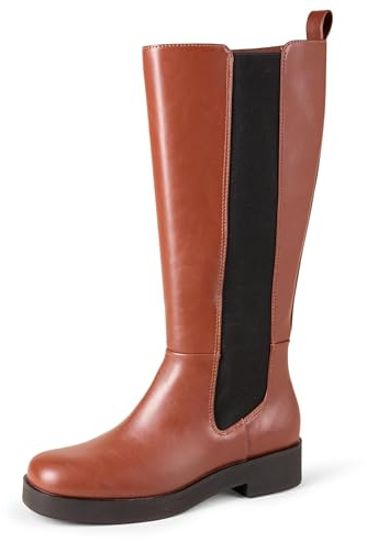 Amazon Essentials Women's Tall Gusset Boot with Square Toe and Chunky Heel, Chestnut Brown, 6.5