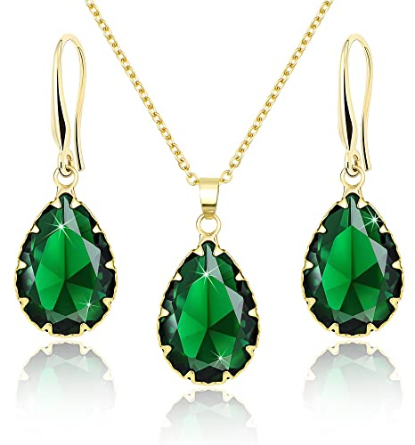 Linawe Smaragdgrün Schmucksets für Damen, Gold Smaragd Anhänger Kette Halskette, Damenohrringe Ohrringe Hängend, Modeschmuck Jewelry Goldschmuck