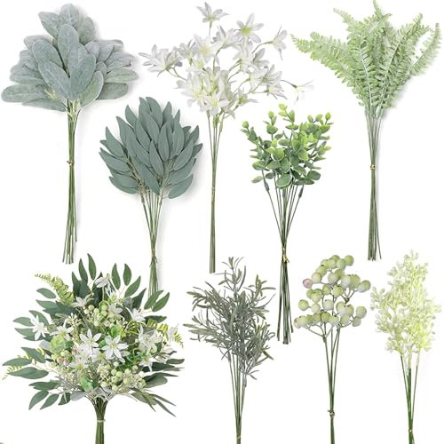70 Stück Künstliche Blumen und Zweige， 8 Arten Gefälschte Pflanze drinnenDecor，brautstrauß，Eukalyptus Dekozweige，Wie Echt Eukalyptus ，für Küche Garten, Balkon, Schlafzimmer, Bankett, Hochzeit （Grün）