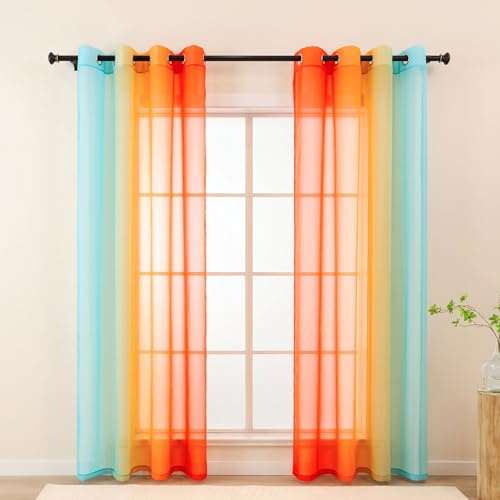 L.Z.E Vorhänge Gardine mit Farbverlauf Vorhang Blau Orange für Wohnzimmer Kinder Mädchen Schlafzimmer Fenster Transparent mit Ösen 2er Set Voile Gardinen Schal 140 x 145 cm Kurz (LZE2220E-BO145)