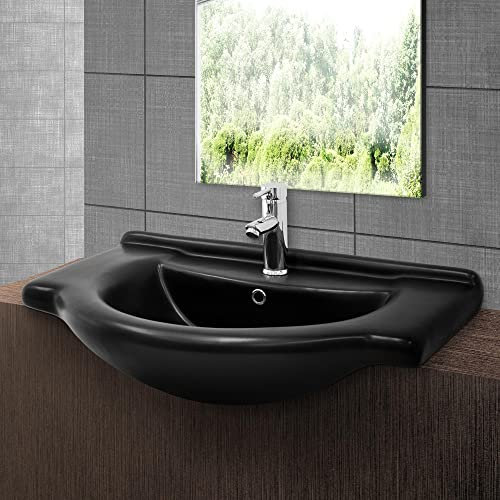 LuxeBath Lavabo de cerámica negro mate, 77 x 50,5 x 22,5 cm, ovalado, empotrable con orificio para grifo, rebosadero, lavabo empotrable, lavabo empotrable, para baño