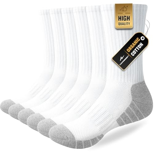 Niorasen 6 Pairs Mens Socks, Cushioned Breathable Sports Socks Outdoor Multipack, Comfortable Crew Cotton Athletic sock for Work Walking Hiking Running, White 12-15