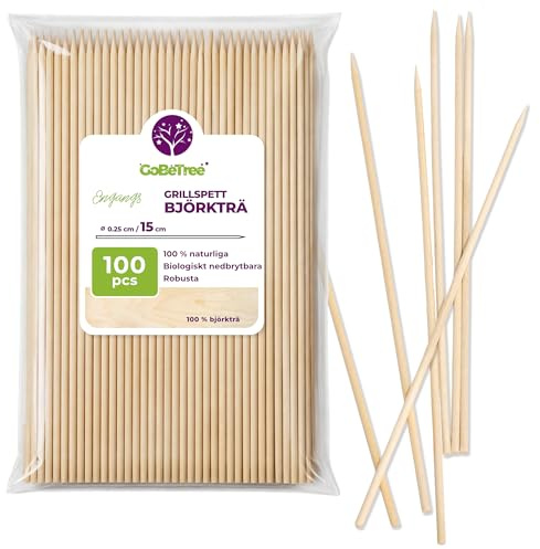 GoBeTree 100 Grillpinnar Trä 15 cm, Träspett för Tilltugg och Hamburgare | Grillspett Trä 15cm med Spets, Polerade utan Stickor, Långa Pinnar för Tilltugg, Minispett, Hamburgare och Frukt, Ø 2,5 mm