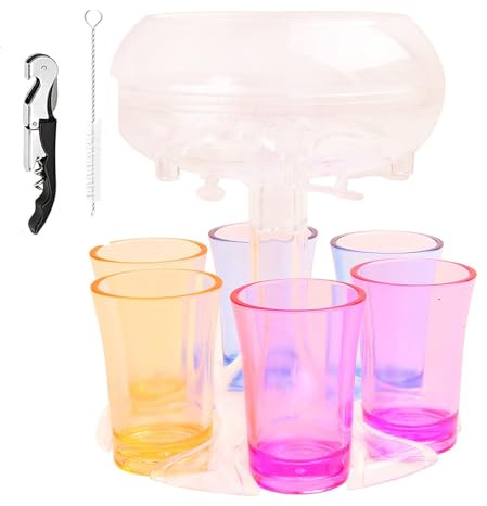 Dryckesdispenser med 6 snapsglas 45 ml Set, Party Drink Dispenser, sprithällare, för dryckesspritbarfester, med borste och flasköppnare color