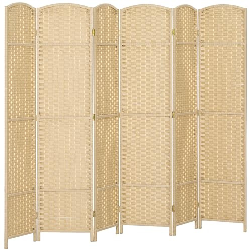 HOMCOM Paravent Interieur en Bois 6 Panneaux 240 x 170 cm séparateur de pièce Pliable avec Finition tissée, closion de séparation pour Salon, Chambre à Coucher, Maison, Beige