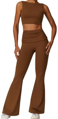 2-delad yogasätt, träningskläder med snabbtorkande material, vidbyxa och bh-sätt för gym(Size:S,Color:Brun =)
