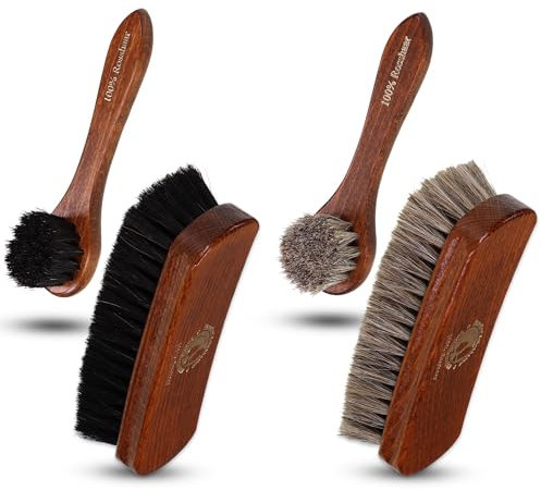 Langlauf Schuhbedarf Set di spazzole per scarpe in crine di cavallo, in legno di faggio laccato, spazzola per capelli di cavallo, set di spazzole lucide e 2 spazzole in crema, made in Germany