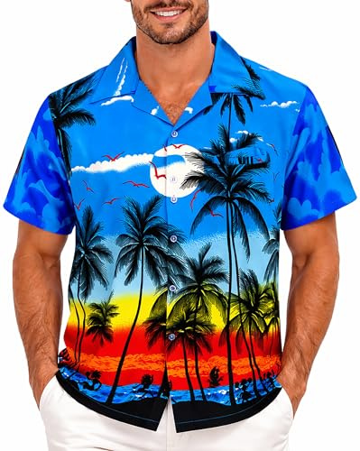 King Kameha Men's Beach-Shirt Short-Sleeve Casual-Button-Down Hawaii-Vacation, Beach, Blue, L