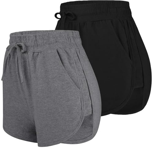 URATOT Lot de 2 Shorts de Yoga en Coton avec Poches pour Femme, Noir, Gris foncé, L