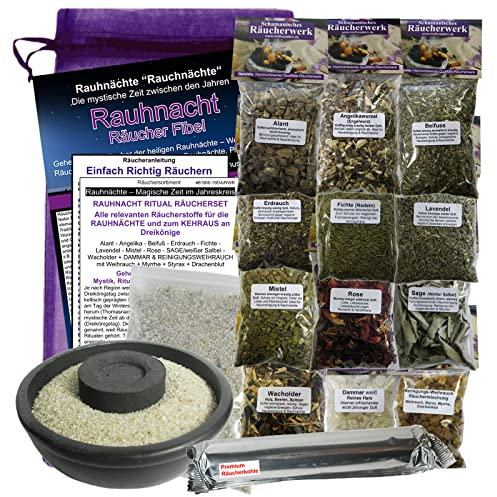 RAUHNÄCHTE Räucher Sortiment zum Ausräuchern 19-TLG Rauhnacht Set - 12x Räucherwerk mit Angelika, Sage, Weihrauch, Myrrhe, Styrax UVM. 7X ZUBEHÖR mit RÄUCHERSCHALE. 81900-19S