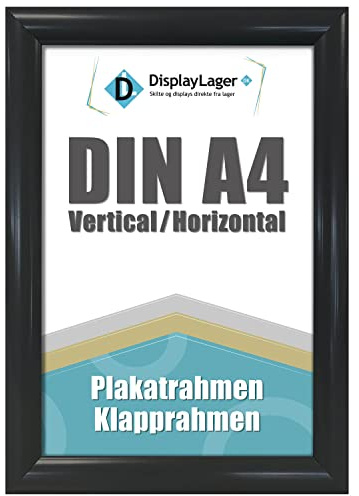 DisplayLager, dansk kvalitet – hopfällbar ram med 25 mm aluminiumprofil, antireflexskyddsskiva, monteringsmaterial (svart, A4)