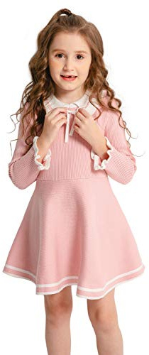 SMILING PINKER Vestidos de niña de manga larga vestido de punto volantes Bowknot vestido de suéter