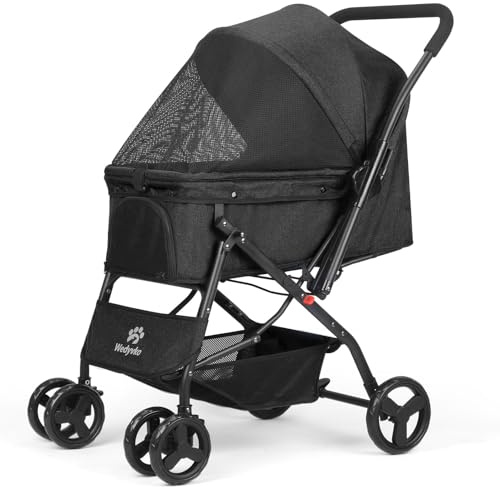 Pet Stroller with Storage Basket - Foldable Travel Carrier for Small Medium Dogs and Cats - 360° Front Wheel, Rear Brake, Lightweight Design (Black)
