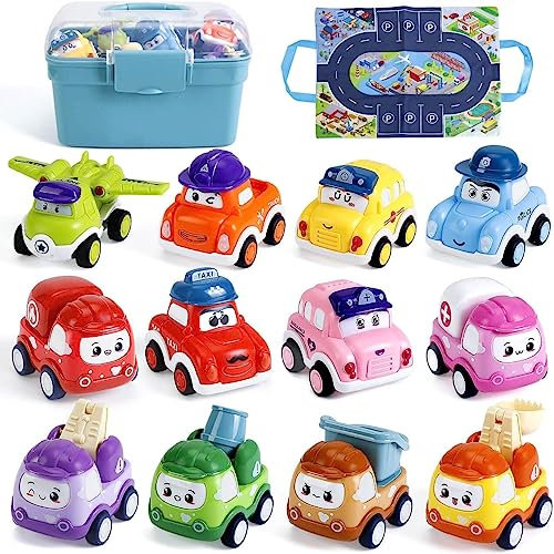 KmmiFF 12pcs Aufziehauto ab 1 Jahr, Mini Zurückziehen Spielzeugauto Set mit Spielmatte und Aufbewahrungsbox als Geburtstag Weihnachten Neujahr Geschenk für Jungen Mädchen Kinder 1 2 3 Jahre