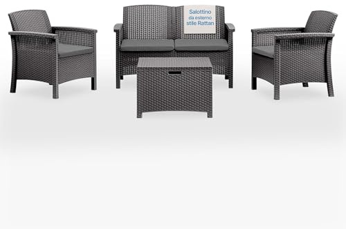 Tomaino - Salotto Da Giardino Esterno Stile Rattan - Set Salotto Da Esterno in Polipropilene Impermeabile e Idrorepellente - Salottino Giardino Nero