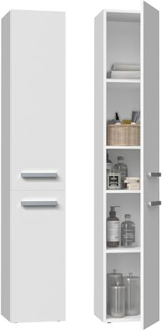 WHATSIZE ENTERPRISE – Nel II - White Freestanding Cabinet – Wooden Storage Cupboard with Washing Basket - Organise Cosmetics and Toiletries - Furniture to Complement Modern Décor