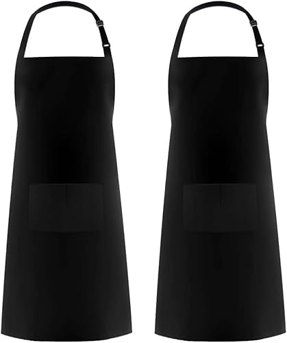 PB TECH 2 Pcs Unisex Adjustable Bib Aprons with 2 Pockets, Black, One Size, Solid, Polyester, Machine Wash, For Home Kitchen, Restaurant, Coffee House