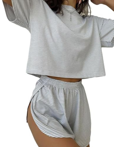 Ensemble de pyjama court fendu, ensemble deux pièces avec imprimé rayé et épaules tombantes, t-shirt enveloppant et short fendu, gris, M