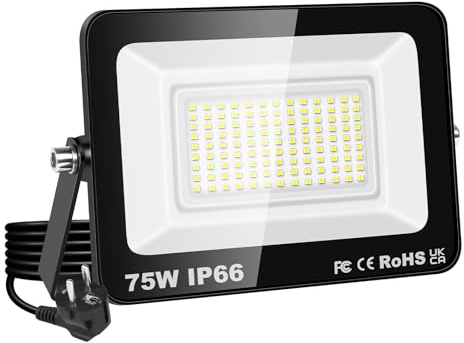 RIGIDON Led utomhusstrålkastare, 1x 75W 7500LM strålkastare med stickpropp, nätdriven säkerhetsbelysning, uteplats för garagegård, uteplats, vattentät verkstad arbetsplats Arbetslampa, 6000K kallvit