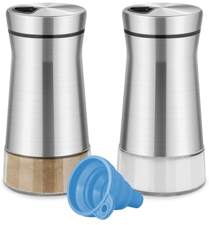 KUKUJIWA Salieres Et Poivrieres en Acier Inoxydable,2 PCS Salière et Poivrière Set, avec Fond en Verre et Trous de versement réglables,Pour Cuisine, Barbecue en Plein Air, Barbecue, Camping-car