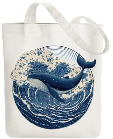 ANATTASOUL Bolsa de Tela Impresa Ola De Ballena Y Mar, Tote Bag Tela Mujer,Shopper Algodón 38 * 40cm, Beige Bolsa de Transporte para Mujer, Saco Tote Bag de Lona Regalo