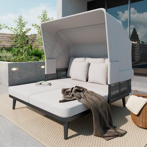 Merax Gartenmöbel für 2 Personen, Loungesofa mit Einziehbarer Markise, Gartensofa aus verzinktem Stahl, Handgewebtes Seil, 10 cm Dicke Kissen, Wetterbeständig, Grau